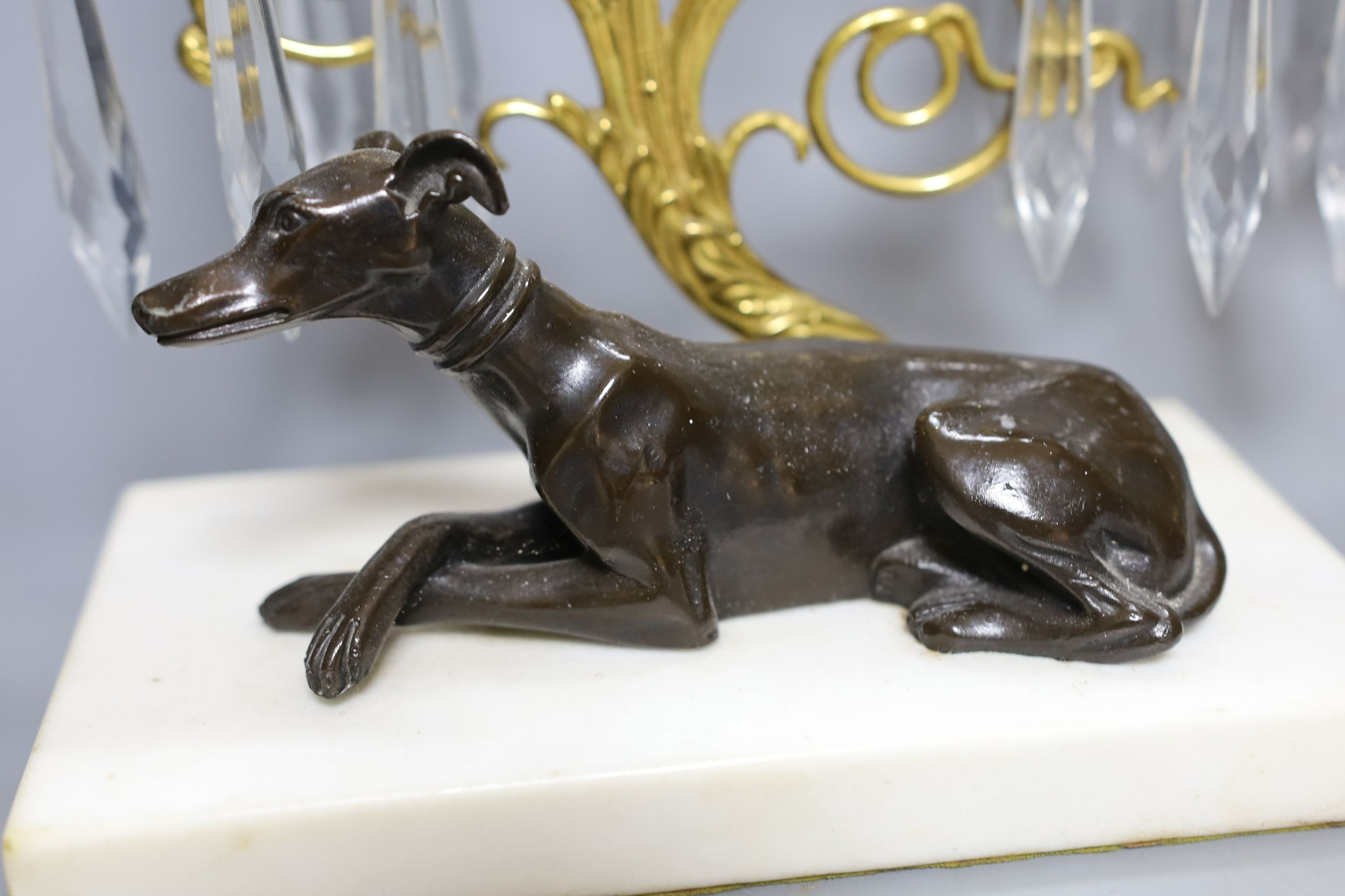 A pair of figurative two branch whippet lustre candelabra - 27cm high